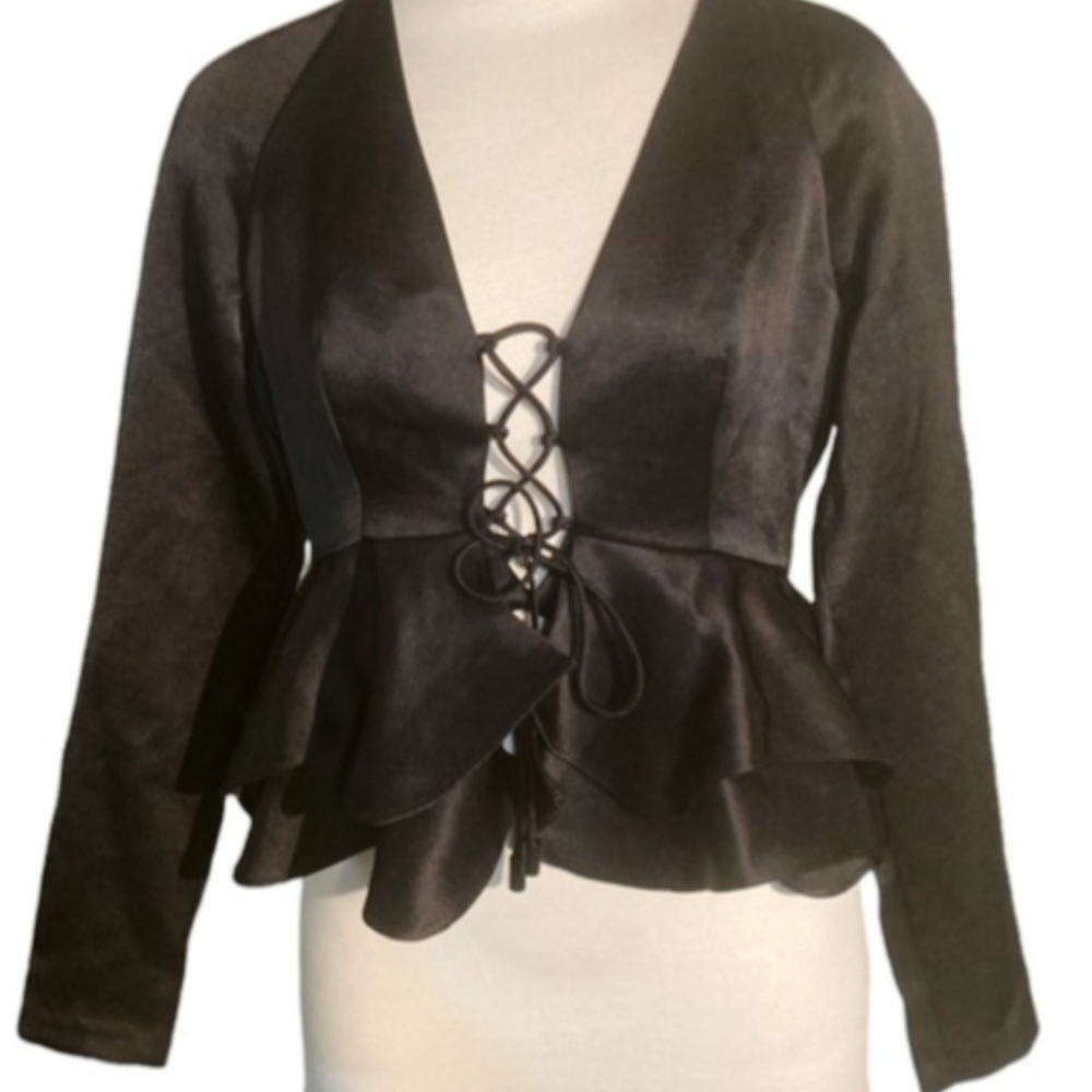 Fashion Nova Elegant Black Satin Ruffle Lace-Up Top